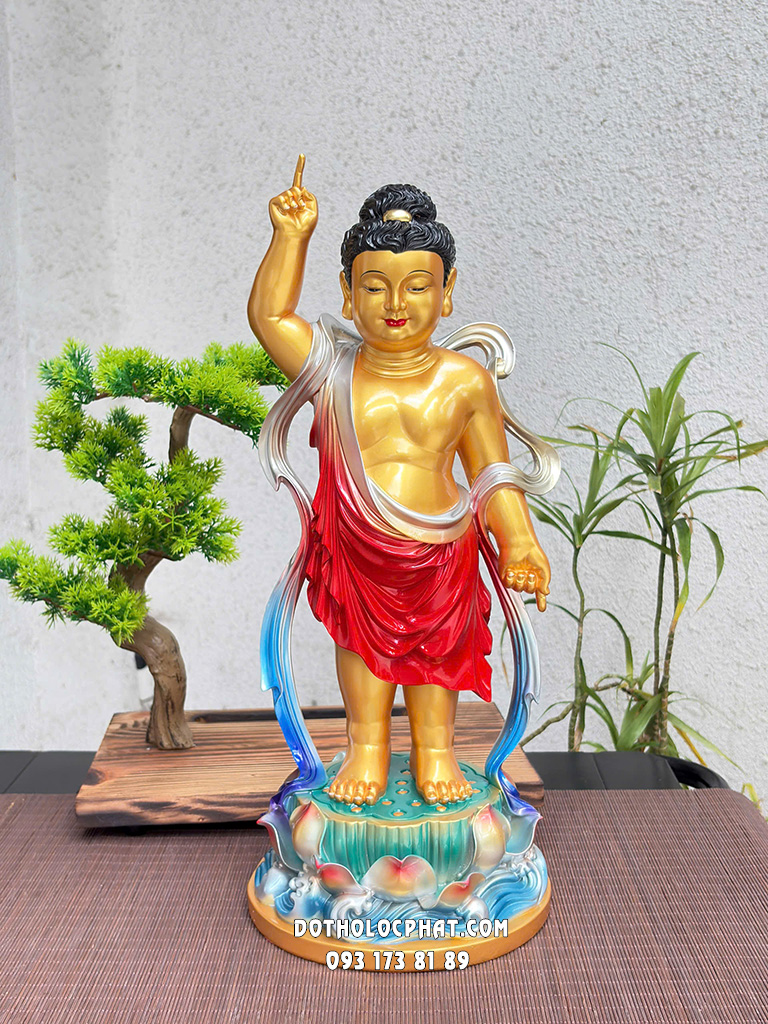 Tượng Phật Đản Sanh Áo Đỏ Đế Sen Sóng Nước Poly PDS-022