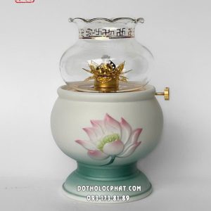 Đèn dầu thờ cúng gốm sứ sen hồng đắp nổi