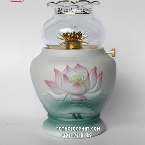 Đèn dầu sen hồng lá xanh đắp nổi sứ xanh chuyển màu bầu cao