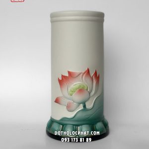 Ống đựng nhang sen hồng lá xanh đắp nổi gốm xanh chuyển màu