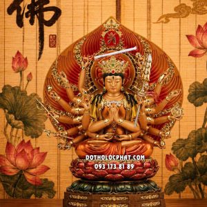 Tượng Bồ Tát Chuẩn Đề composte áo đỏ hào quang đế 8 cạnh