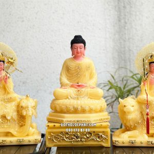 Tượng Hoa Nghiêm Tam Thánh thạch anh viền hoa hào quang