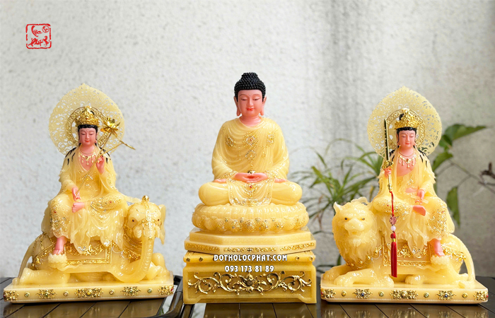 Tượng Hoa Nghiêm Tam Thánh thạch anh viền hoa hào quang