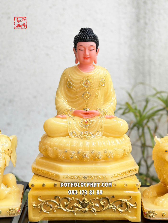 Tượng Hoa Nghiêm Tam Thánh thạch anh viền hoa hào quang