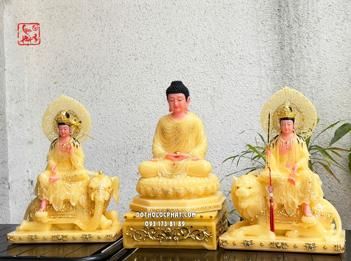 Tượng Hoa Nghiêm Tam Thánh thạch anh viền hoa hào quang