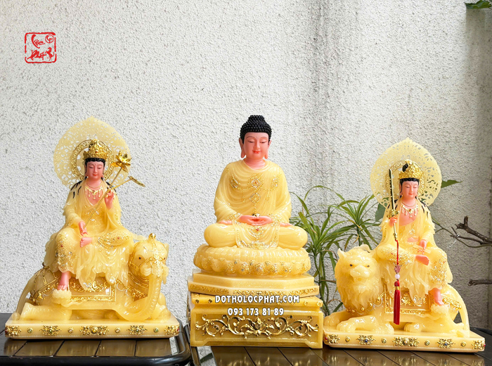 Tượng Hoa Nghiêm Tam Thánh thạch anh viền hoa hào quang