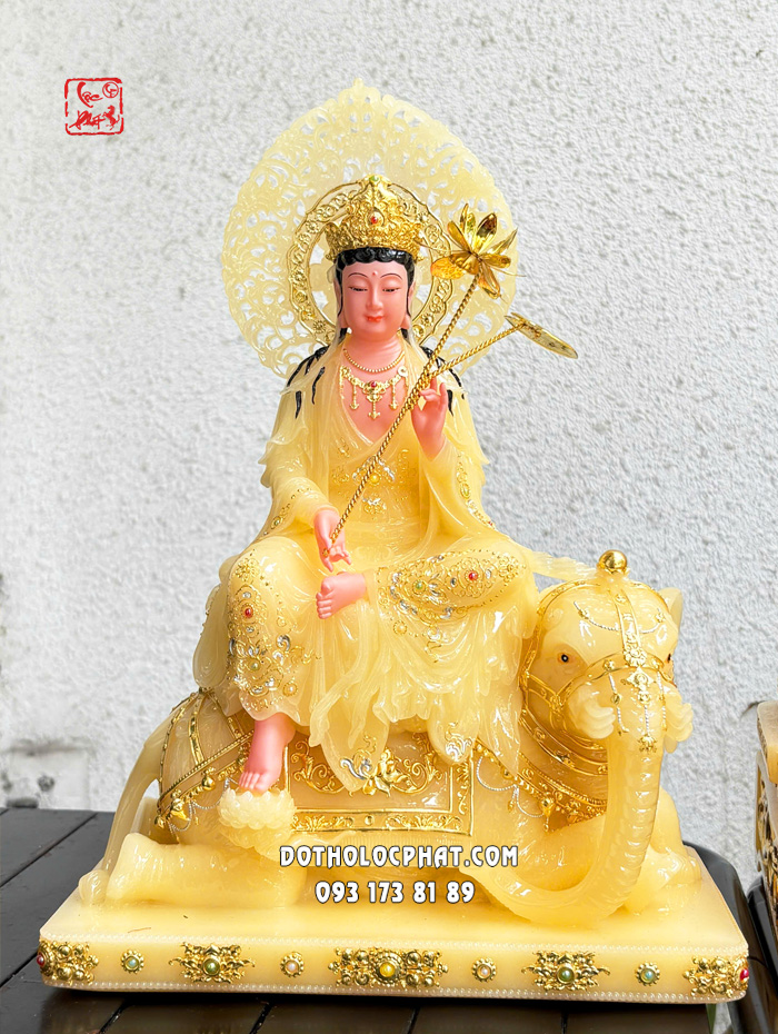 Tượng Hoa Nghiêm Tam Thánh thạch anh viền hoa hào quang