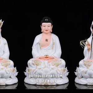 Tượng Ta Bà Tam Thánh Áo Trắng Viền Vàng Đế Sen Nở TBTT-040