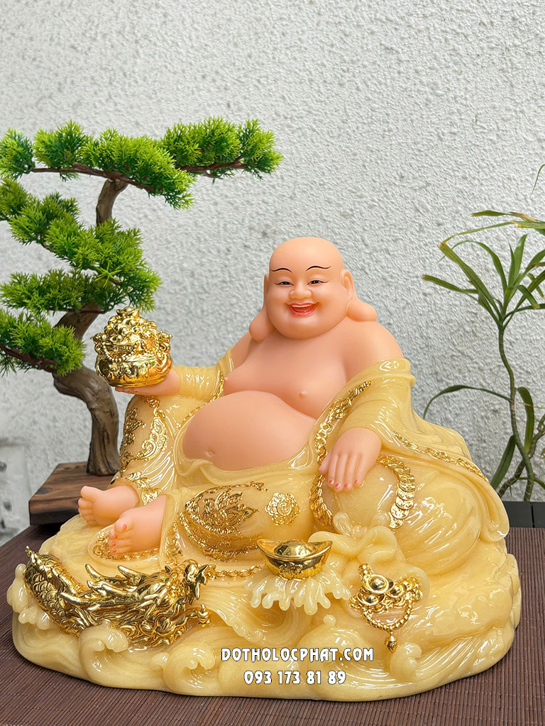 Tượng Phật Di Lặc Thạch Anh Cưỡi Rồng Vàng DLBT-095