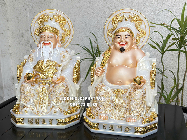 Tượng Thần Tài Thổ Địa Trắng Viền Vàng Hào Quang Song Long ODTT-129