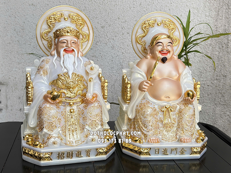 Tượng Thần Tài Thổ Địa Trắng Viền Vàng Hào Quang Song Long ODTT-129