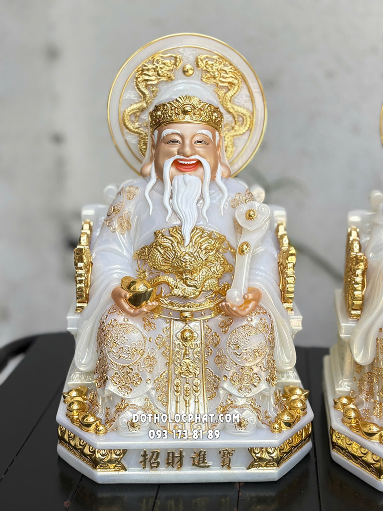 Tượng Thần Tài Thổ Địa Trắng Viền Vàng Hào Quang Song Long ODTT-129