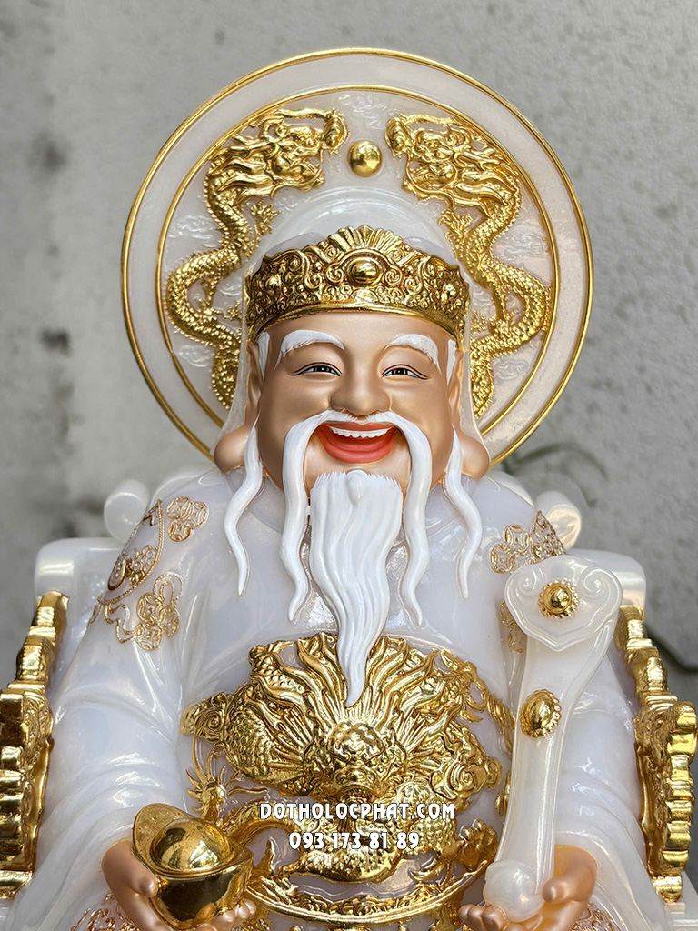 Tượng Thần Tài Thổ Địa Trắng Viền Vàng Hào Quang Song Long ODTT-129