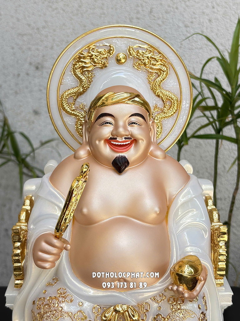 Tượng Thần Tài Thổ Địa Trắng Viền Vàng Hào Quang Song Long ODTT-129