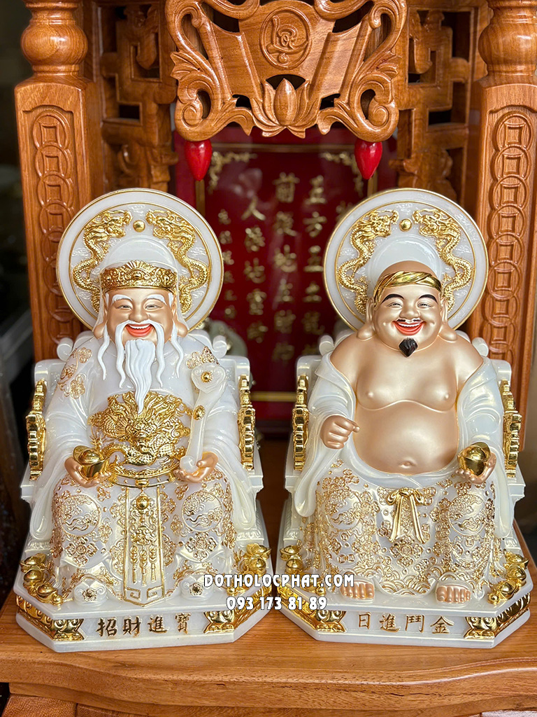 Tượng Thần Tài Thổ Địa Trắng Viền Vàng Hào Quang Song Long ODTT-129