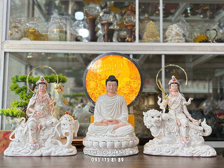 Tượng Hoa Nghiêm Tam Thánh Sứ Trắng Viền Vàng HNTT-010