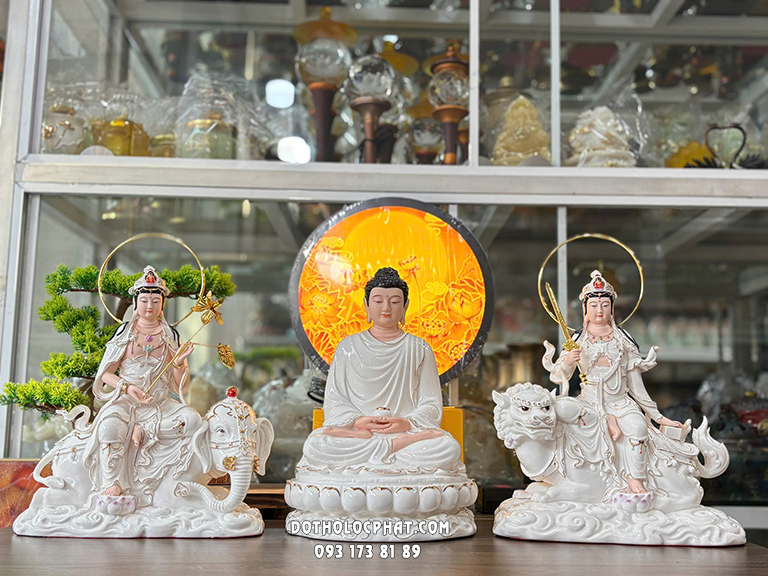 Tượng Hoa Nghiêm Tam Thánh Sứ Trắng Viền Vàng HNTT-010