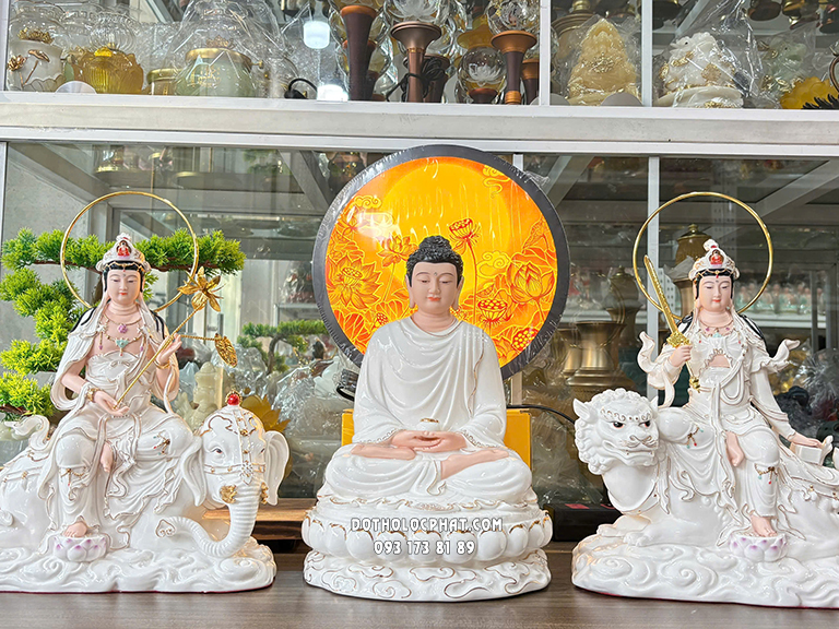 Tượng Hoa Nghiêm Tam Thánh Sứ Trắng Viền Vàng HNTT-010