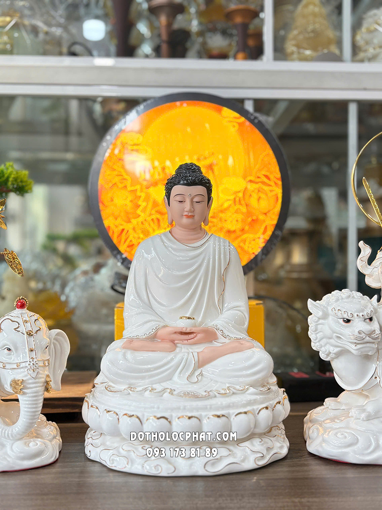 Tượng Hoa Nghiêm Tam Thánh Sứ Trắng Viền Vàng HNTT-010