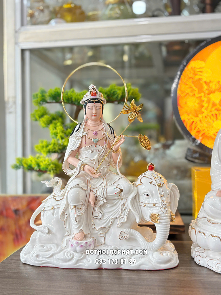 Tượng Hoa Nghiêm Tam Thánh Sứ Trắng Viền Vàng HNTT-010