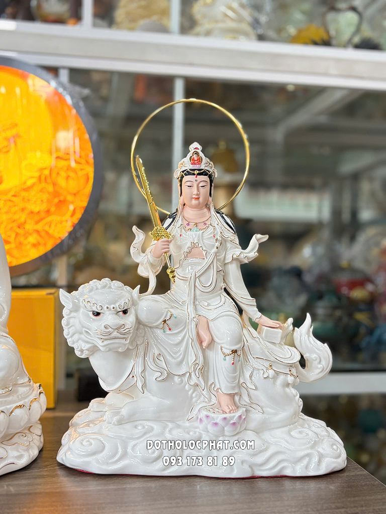 Tượng Hoa Nghiêm Tam Thánh Sứ Trắng Viền Vàng HNTT-010