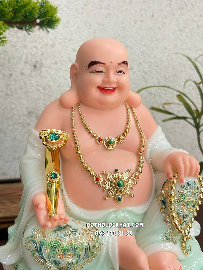 Tượng Phật Di Lặc Áo Xanh Hoa Văn Đế Sen Nở DLBT-096