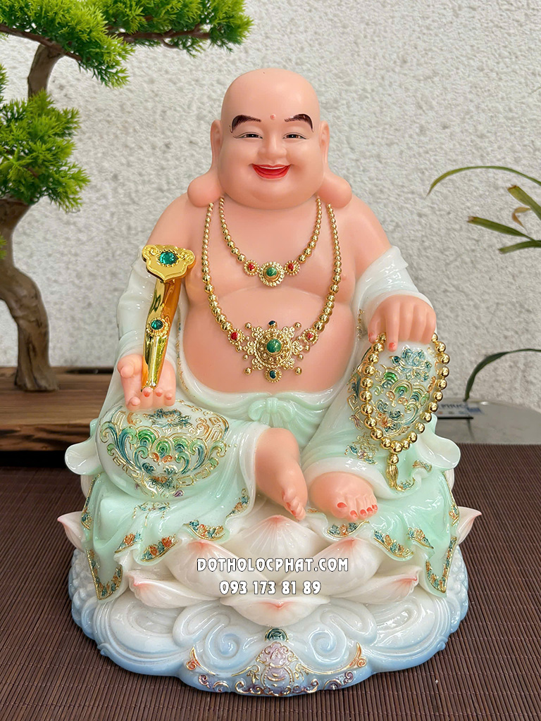 Tượng Phật Di Lặc Áo Xanh Hoa Văn Đế Sen Nở DLBT-096