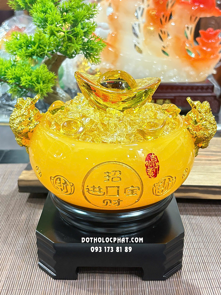 Bát Tụ Bảo Vàng Thạch Anh Tròn Đế Trụ Vuông BTB-009